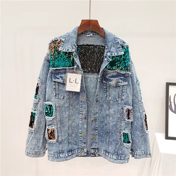 

2020 Autumn New Harajuku Women's Patchwork Sequins Casual Denim Jackets Loose Vintage Long Sleeve Holes Jeans Jacket Streetwear