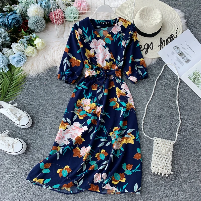 Boho V образным вырезом Летнее цветочное платье миди длинное шифоновое платье Вечерние Бандажное женское повседневное вечернее элегантное пляжное праздничное ТРАПЕЦИЕВИДНОЕ ПЛАТЬЕ