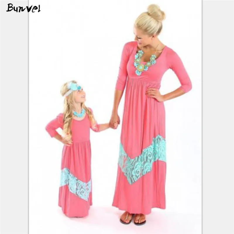 

bunvel Family Matching Clothes Dress Patchwork Lace Mommy and Me Clothes Winter Long Sleeve Elegant Party Outfits Vestidos t