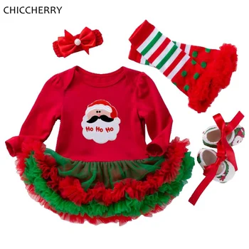 

My First Christmas Girl Red Baby Romper Dress Headband Crib Shoes Leg Warmers 4pcs Girls Clothes Sets Toddler Christmas Outfits