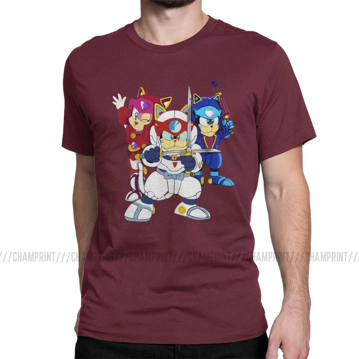 Мужские футболки Samurai Pizza Cats, новинка, футболки из чистого хлопка с коротким рукавом, 90 s, японское Ретро аниме, футболки с круглым воротником - Цвет: Бургундия