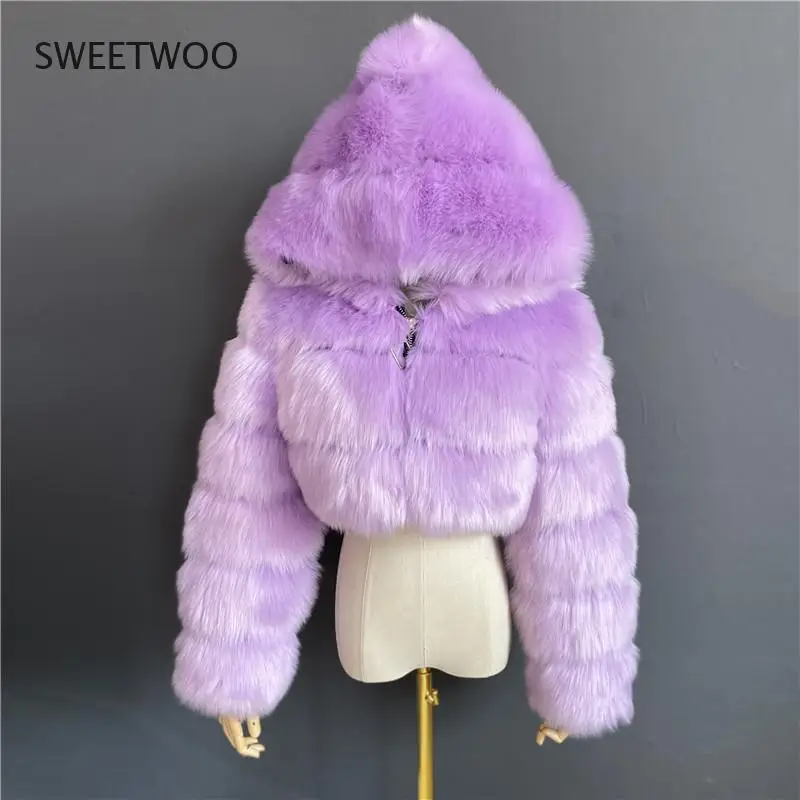 High Quality Faux Fur Jackets and Coats for Women, Short Cut, Fluffy Finish, Jacket with Hood Winter Coats Feminine Pelisse 2022