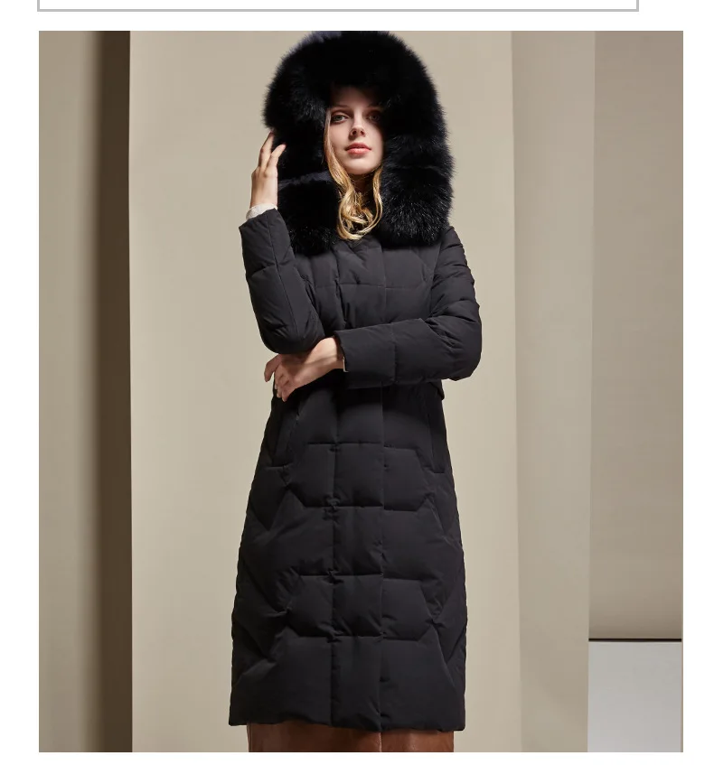 autumn and winter new solid color long-sleeved hooded down jacket fox fur collar loose casual long down jacket women