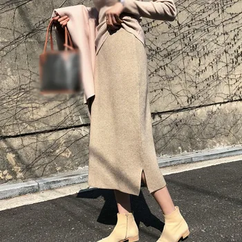 

High Waist Knitted Skirt Women's Autumn Winter Korean Style Elegant Solid Color Slit Design Skirt 2020