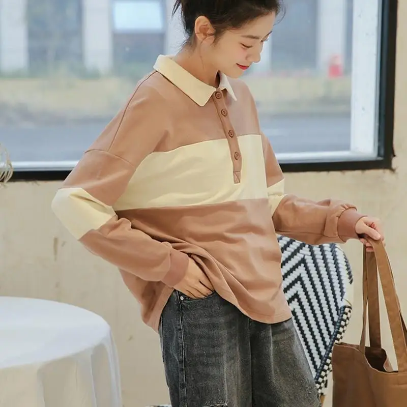 Мода, весна-осень, женские повседневные пуловеры с цветными вставками, свитшоты с отложным воротником и длинным рукавом