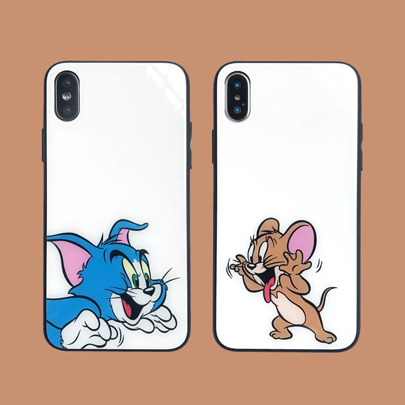 

Cartoon Tempered Glass Painted Cover for iPhone 11 Pro XS Max X XR XS 6 6S Plus 7 8 plus Cute Cat Mouse Couple Glossy Fundas