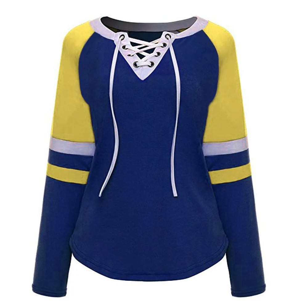Dark Blue Харадзюку футболки женские футболки модные с v-образным вырезом лоскутные с длинным рукавом Свободные топы футболки сетчатый топ футболки женские футболки - Цвет: Dark Blue
