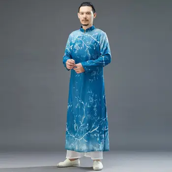 

Blue Dyed Robe Ancient Printing and Dyeing Chinese Style Men's Improved Hanfu Blue Stand Collar Long-Sleeved Upper Garment Stage