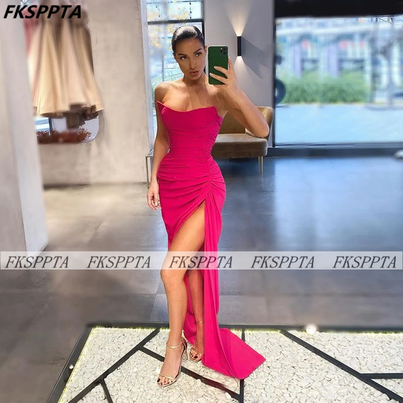 2022 Long Sexy Fuchsia Prom Dresses Strapless Corset Straight Women Formal Gowns With Slit Custom Made Prom Dress green ball gown