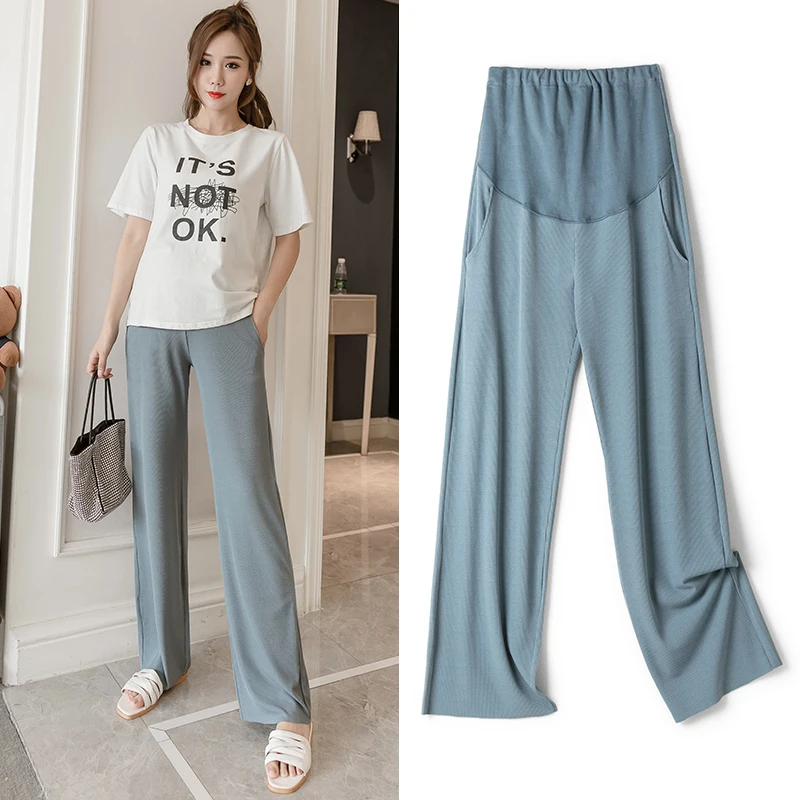 

2023 Summer Pregnant Women Trousers Cool High Waist Maternity Wide-legged Pants Cotton Pregnancy Straight Belly Clothes