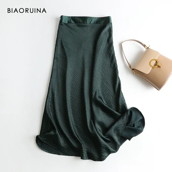 

BIAORUINA Women's Chic Satin Dark Green High Waist Long Skirt Office Lady Style Elegant Side Zipper Summer Sexy Skirts