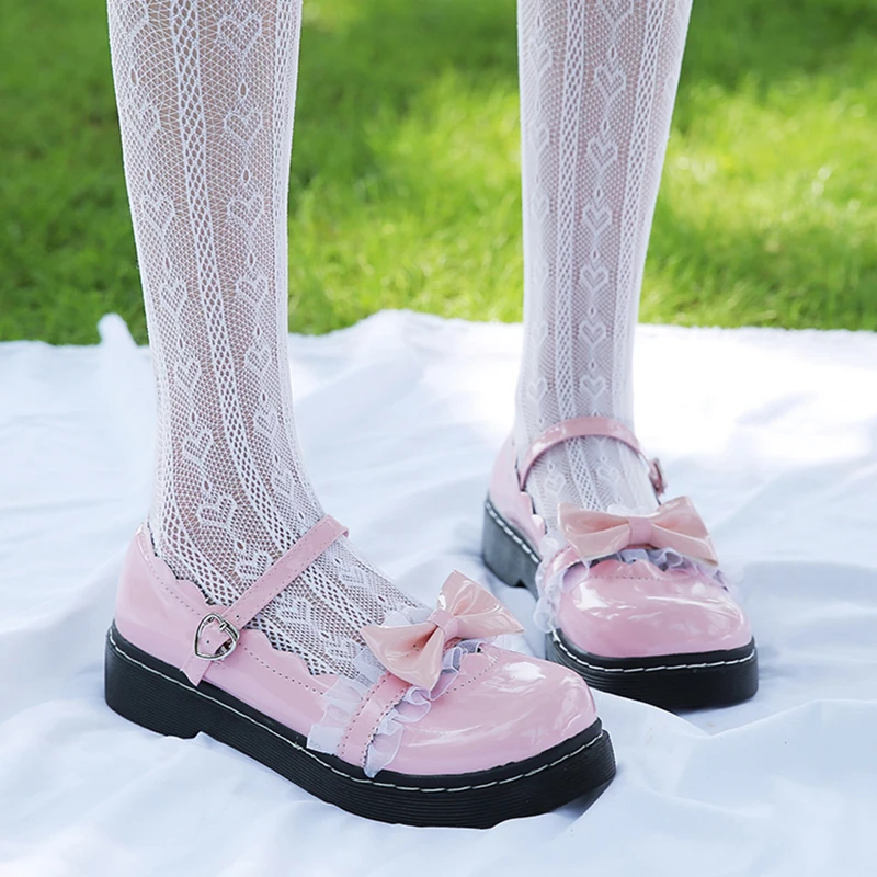 Rimocy-zapatos de tacón bajo con hebilla para mujer, calzado de tacón bajo con encaje de retazos de Color sólido, con zapatos Mary Jane de hebilla, Color rosa, Lolita