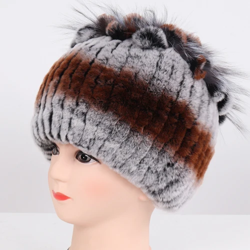 grey and brown Новое поступление зимние женские Хорошие эластичные Настоящий мех кролика шапочки шапки женские толстые теплые натуральная меховая вязаная шапка из настоящего меха - Цвет: grey and brown