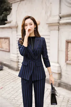 

Women's suit 2019 autumn new casual fashion temperament slim stripes single buckle small suit trousers two-piece set