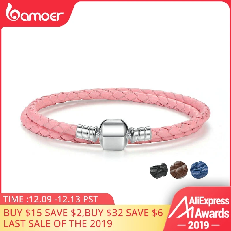 Prezzo BAMOER Genuino Lungo Doppio Rosa Nero Intrecciato Catena di Cuoio Dei Braccialetti Delle Donne con 925 Sterling Silver Snake Catenaccio PAS908