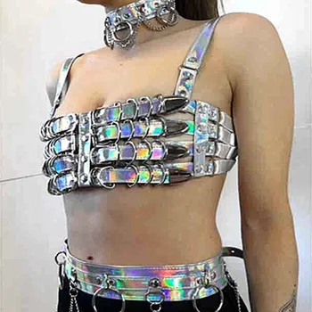 

COLEMJE PU Glitter Laser Tube Crop Summer Halter Top Women Camisole Tops Sexy Club Wear Backless Patchwork Suspender Clothes
