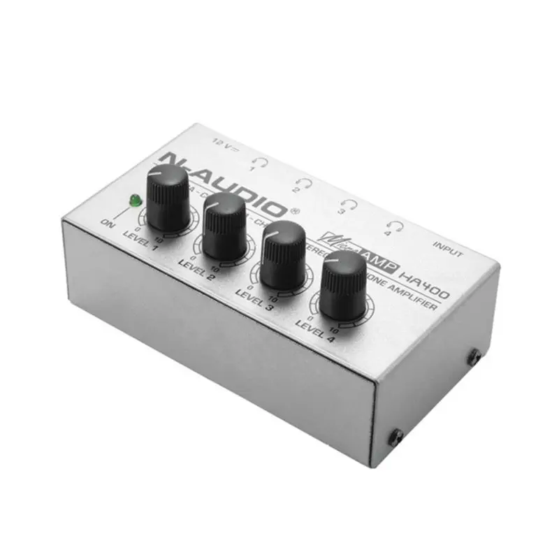 Koop EU ONS UK Plug Ultra Compact 4 Kanalen Zilveren Mini Audio Stereo Hoofdtelefoon Versterker Met Power Adapter Voor Geluid versterking