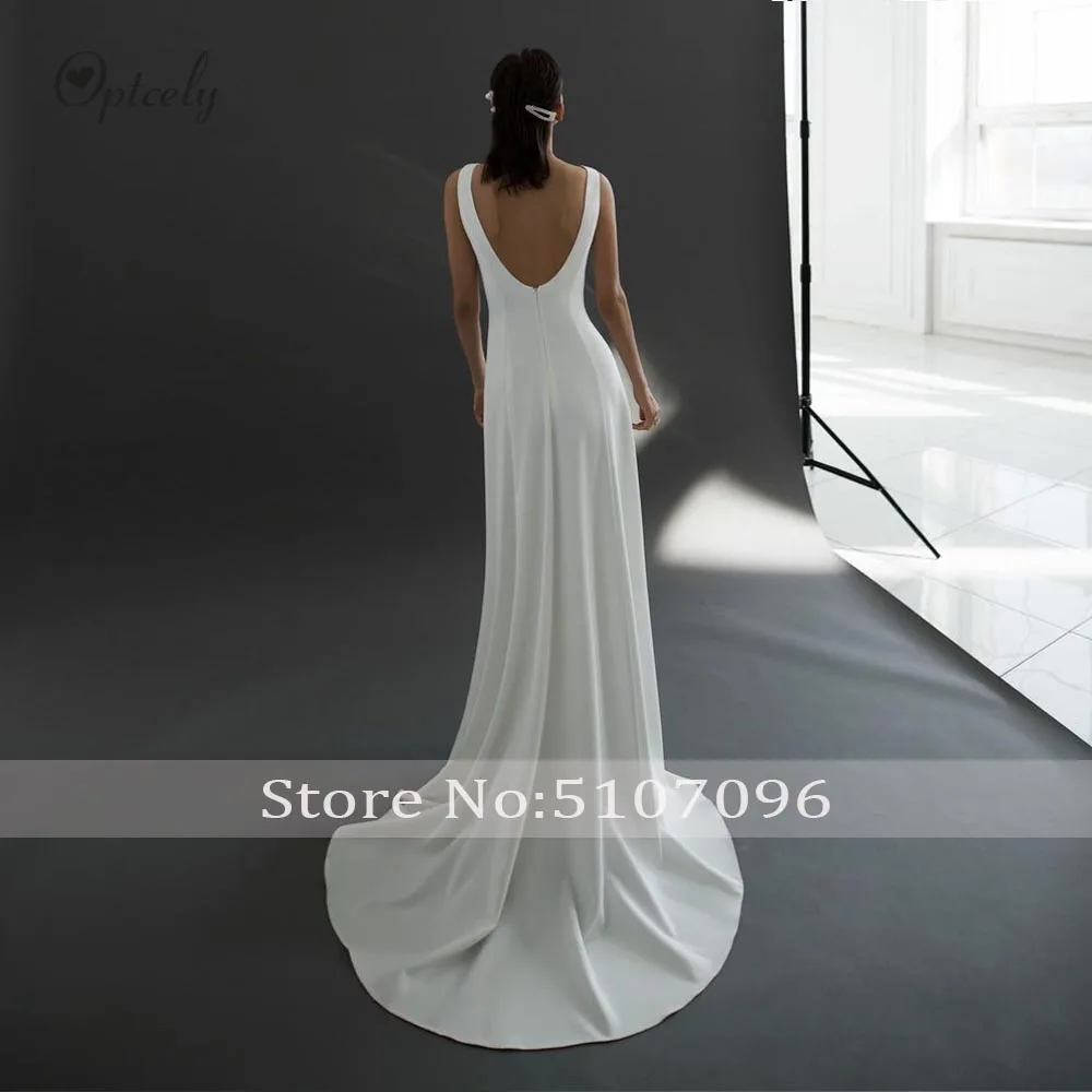 Optcely Simple White Scoop Neck Zipper A-Line Wedding Dresses Vintage Bohemian Backless Sleeveless Sweep Train Bridal Gowns
