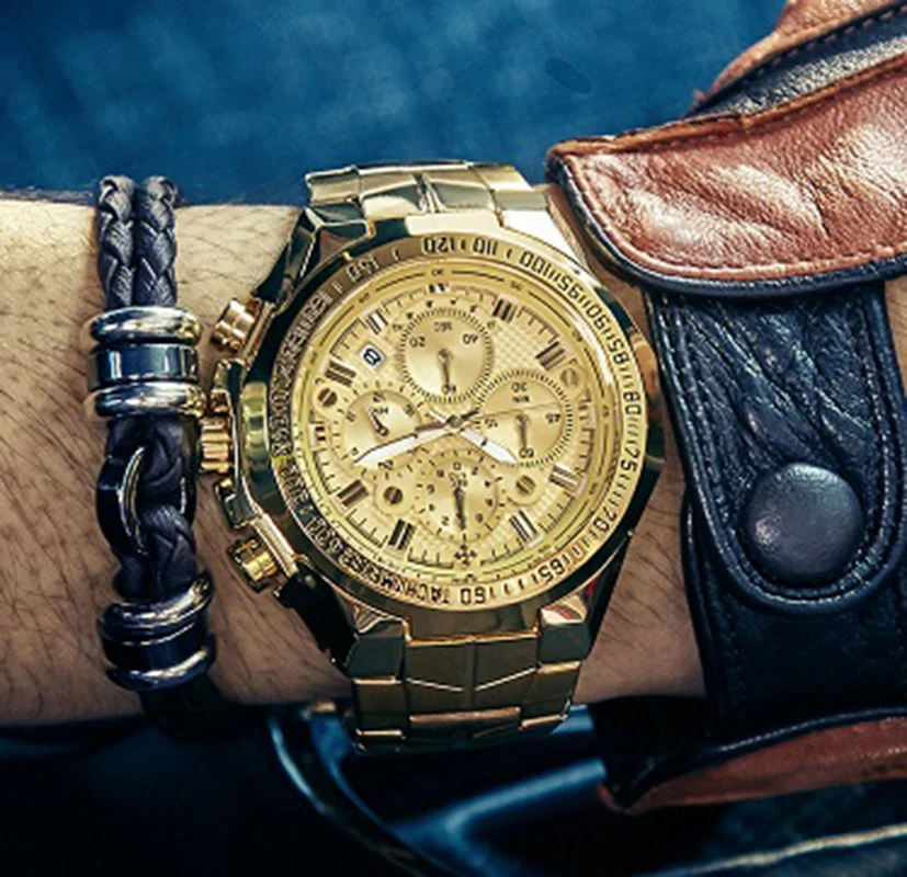 Роскошные золотые полностью стальные часы для мужчин спортивные