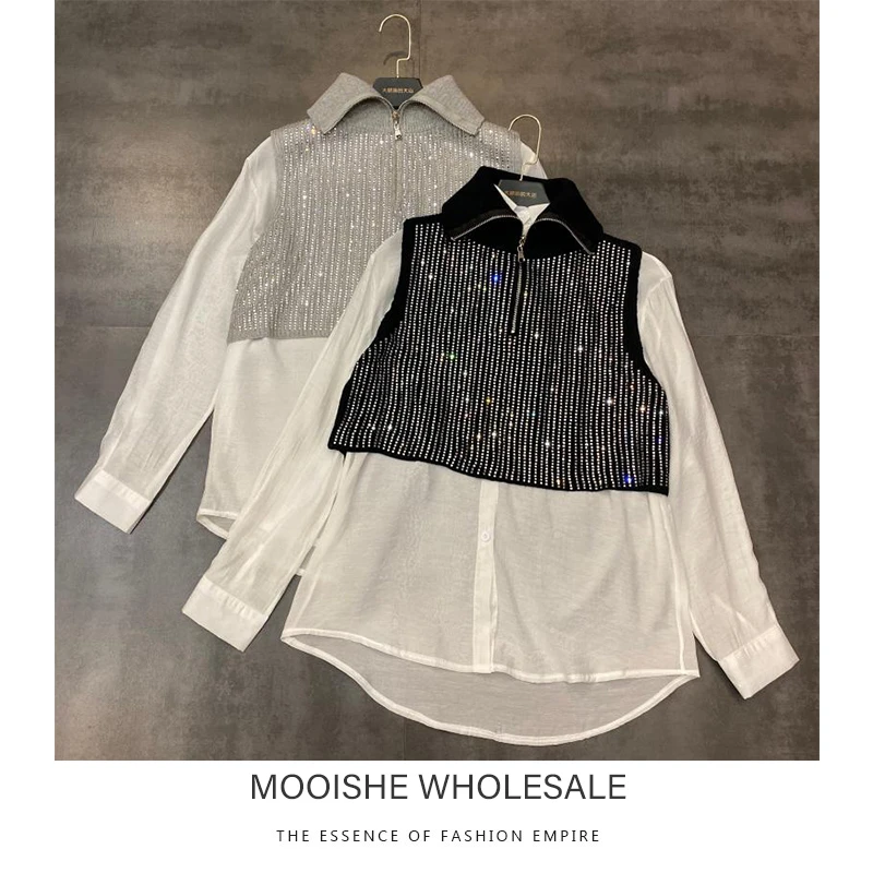 

Mooishe Spring Women Shirts 2 In 1 Tank Shirts Sequins Black Gray 2 Piece Shirts
