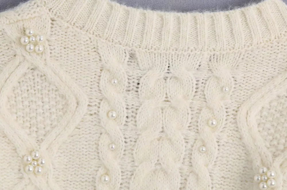 KPYTOMOA Women  Fashion With Pearl Beading Knit Cardigan Sweater Vintage O Neck Long Sleeve Female Pullovers Chic Tops brown cardigan