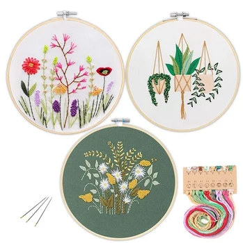 

3 Pack Embroidery Starter Kit with Patterns Include Embroidery Clothes Plastic Embroidery Hoops Color Threads and Tools