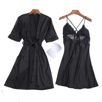 

Women Robe & Gown Sets Sexy Lace Sleep Lounge Pijama Long Sleeve Ladies Nightwear Bathrobe Night Dress With Chest Pads