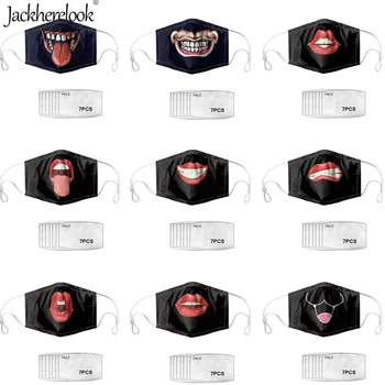 

Jackherelook Funny Red Lips 3D Print Kids Masks Black Facial Mouth Mask 7PCS Filters Paper Anti-Dust Muffle Mascherine Washable