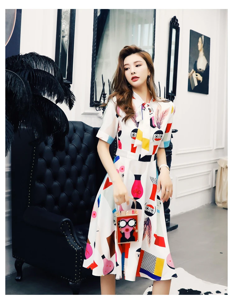 Delocah Runway Fashion Autumn Casual Dress Women's Short Sleeve Bowknot Split Printed Collect Waist Female Stylish Midi Dresses