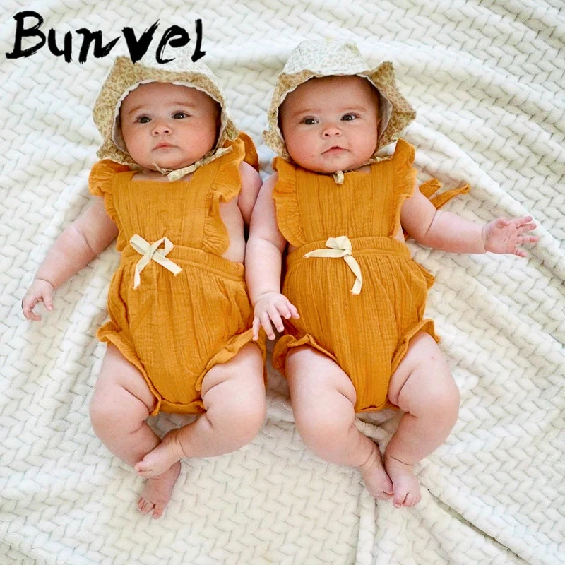 Bunvel/Детские комбинезоны; сезон весна-осень; одежда с круглым вырезом и рюшами для маленьких мальчиков и девочек; комбинезоны; Детский костюм для девочек; комбинезон для младенцев