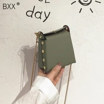 

[BXX] 2020 Spring Summer New Pattern Green Color Metal Round Hoop Single Chain Soft PU Leather Messenger Bag NA550