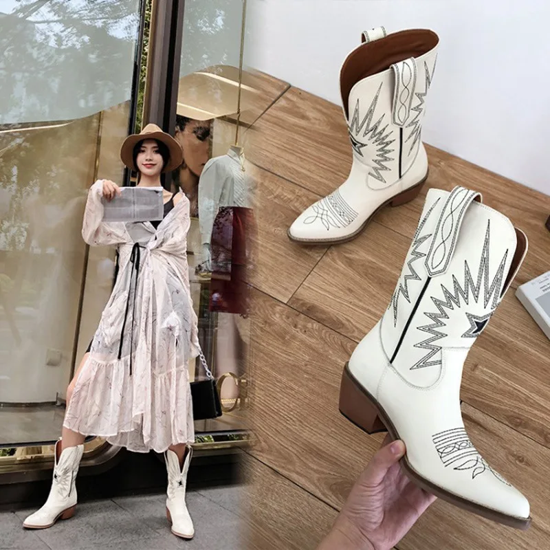 

Mid-heeled Leather Booties Women's Personality In The Boots Fashion Thin Boots Pointed Embroidery Thick with Western Boots