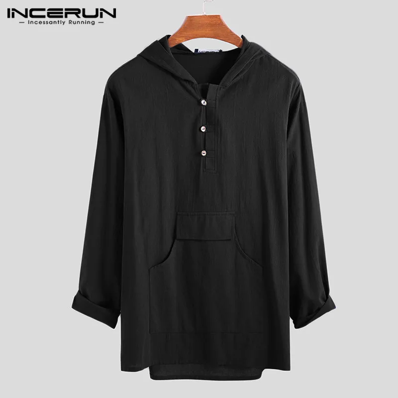 INCERUN Мужская футболка рубашка с хлопком с капюшоном и карманами с длинным рукавом Повседневные пуловеры Свободные китайские винтажные однотонные футболки Hombre S-5XL - Цвет: Black T Shirt