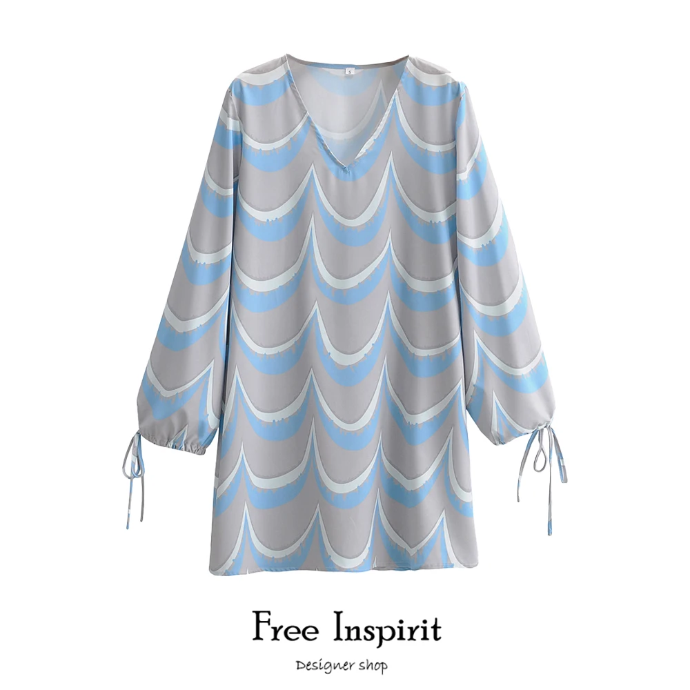 

Free Inspirit New Arrival Casual Style A-line Geometric Wave Pattern Long Sleeve V-neck Women's Knee-length Dress