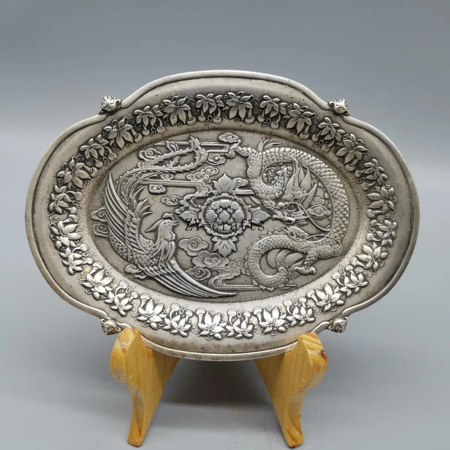 

Old Chinese Antique Collection Dragon and Phoenix Dish Tibetan Silver