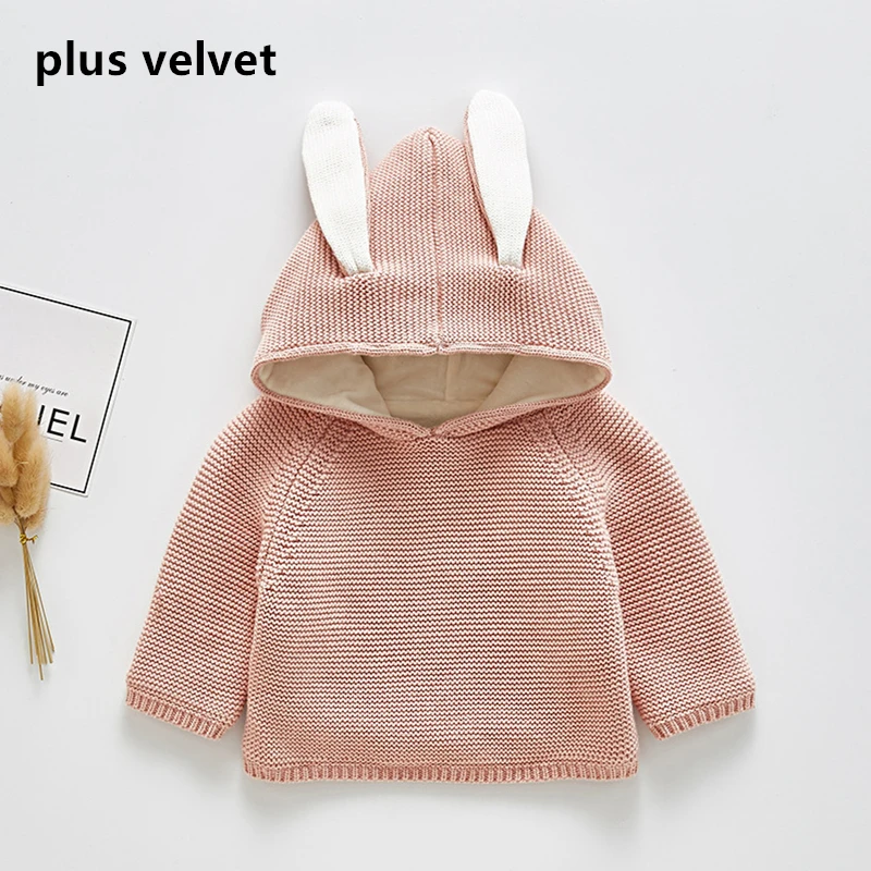 pink plus velvet Осенне-зимняя вязаная куртка с капюшоном и медвежьими ушками для маленьких мальчиков бархатный теплый пуловер верхняя одежда для маленьких девочек, зимняя одежда - Цвет: pink plus velvet
