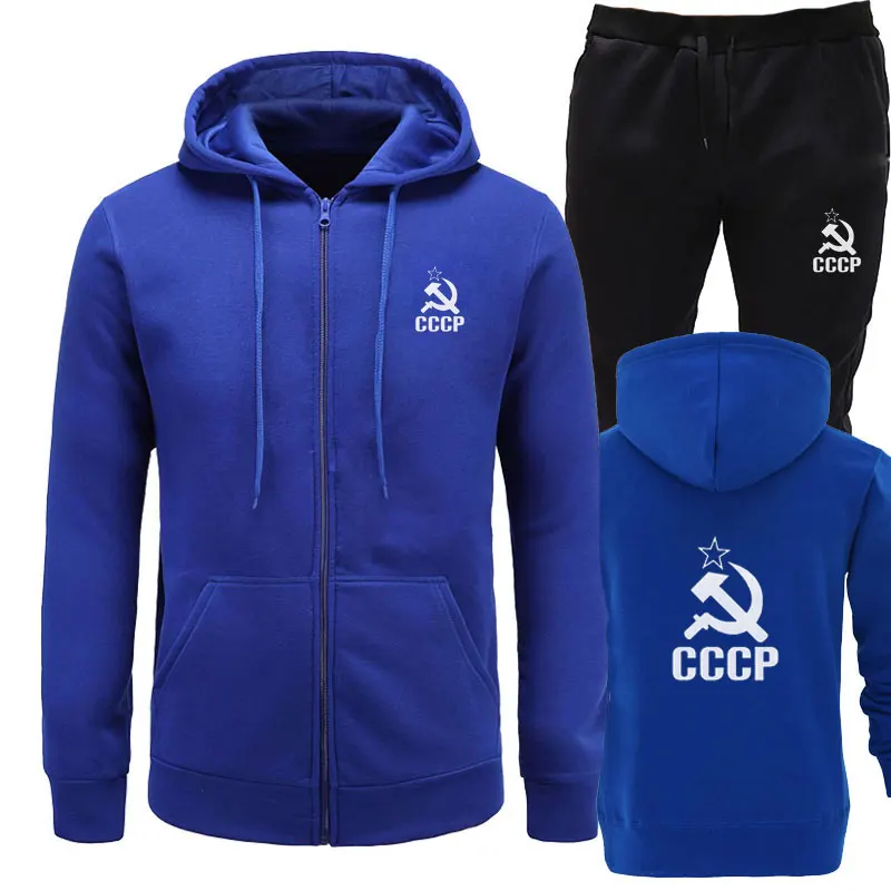 СССР CCCP модные комплекты из двух предметов для мужчин s толстовки+ штаны для бега костюм для мужчин Повседневная Хип-хоп мода Россия футболка высокое качество m - Цвет: blue black1