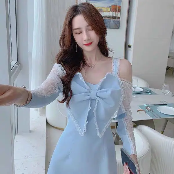 Long Sleeve Dress Women Bow Mini Fashion Elegant All-match Patchwork Off Shoulder Leisure Cozy Vestido Female Sweet Korean Style formal dresses