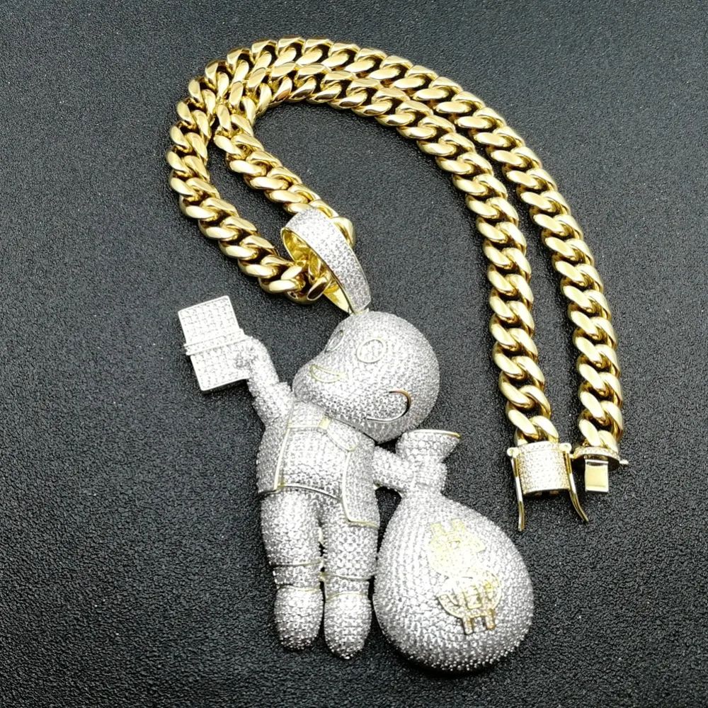 Большой размер высокое качество латунь CZ камни мультфильм мешок денег кулон хип хоп ожерелье ювелирные изделия Bling Iced Out CN044B