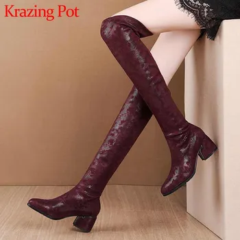 

Krazing Pot print soft breathable stretch flock boots round toe high heels women fashion concise winter thigh high boots L6f7