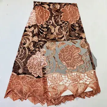 

High Quality pink African Velvet lace fabric 5 yards /lot New Nigeria Stone Embroidered Mesh Net Lace Fabric FWD820