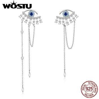 

WOSTU Real 925 Sterling Silver Blue Lucky Eyes Drop Earrings For Women Wedding Chian Link Zircon Earrings Fashion Jewelry BNE334