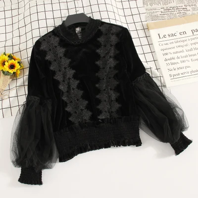 Neploe/Бархатная блузка с кружевным плетением в стиле пэчворк для милых девушек, винтажный изящный женский топ, осенняя Новинка, модная женская блуза с рюшами 69046 - Цвет: black