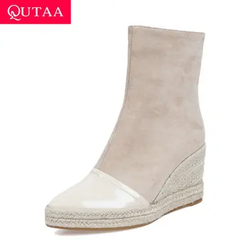 

QUTAA 2020 Autumn Winter Pointed Toe Wedge Heel Zipper All Match Women Shoes Flock PU Leather Platform Ankle Boots Big Size34-43