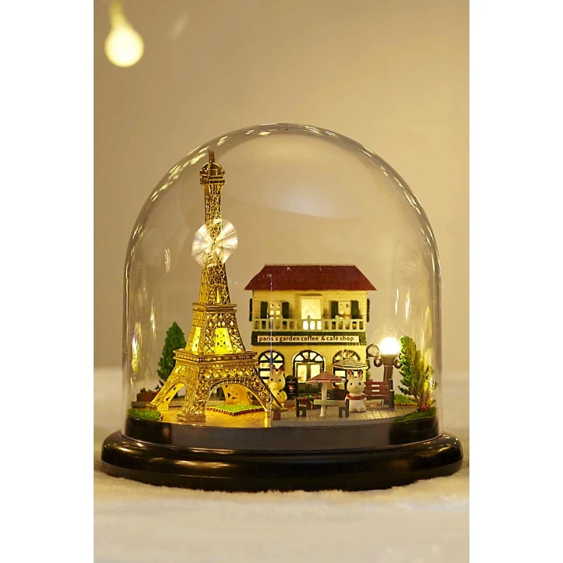 Wooden Dollhouse DIY Miniature 3D Handwork Model Kit In Glass Ball LED Light