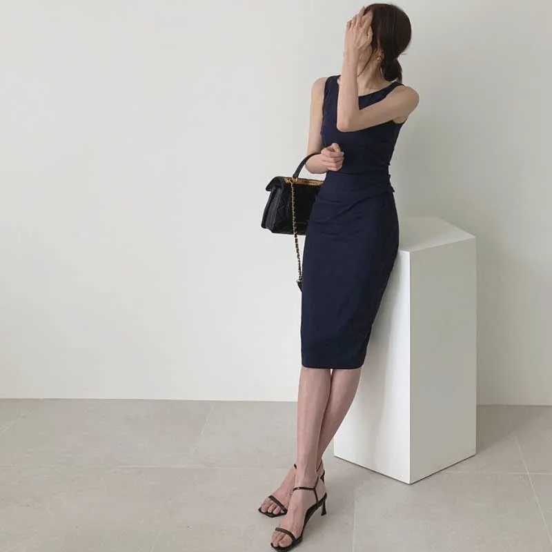 2020 French For Ladies Dress One-Piece Summer Elegant Office Pleated Slim Dress Women New Korean Party Holiday Dress Vestidos
