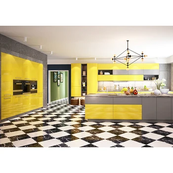 

cheap modern high gloss lacquer yellow island kitchen cabinets with sink