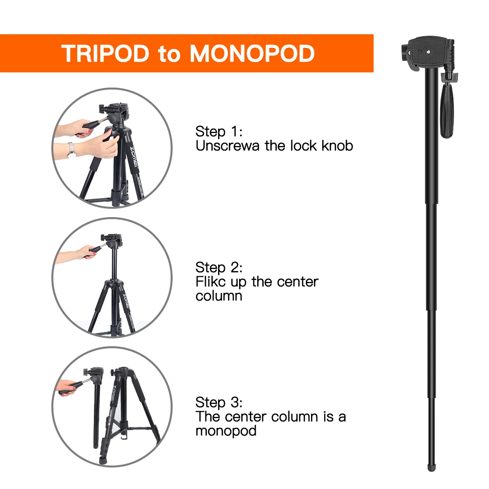  ZOMEI Q222 Camera Aluminum Tripod Stative Flexible Photographic Tripod Monopod Travel Stand for Sma