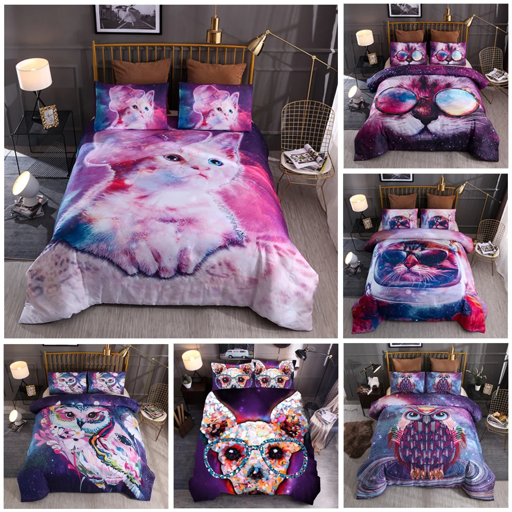 3d Galaxy Animal Bedding Set Cat Dog Wolf Owl Printed Duvet Cover