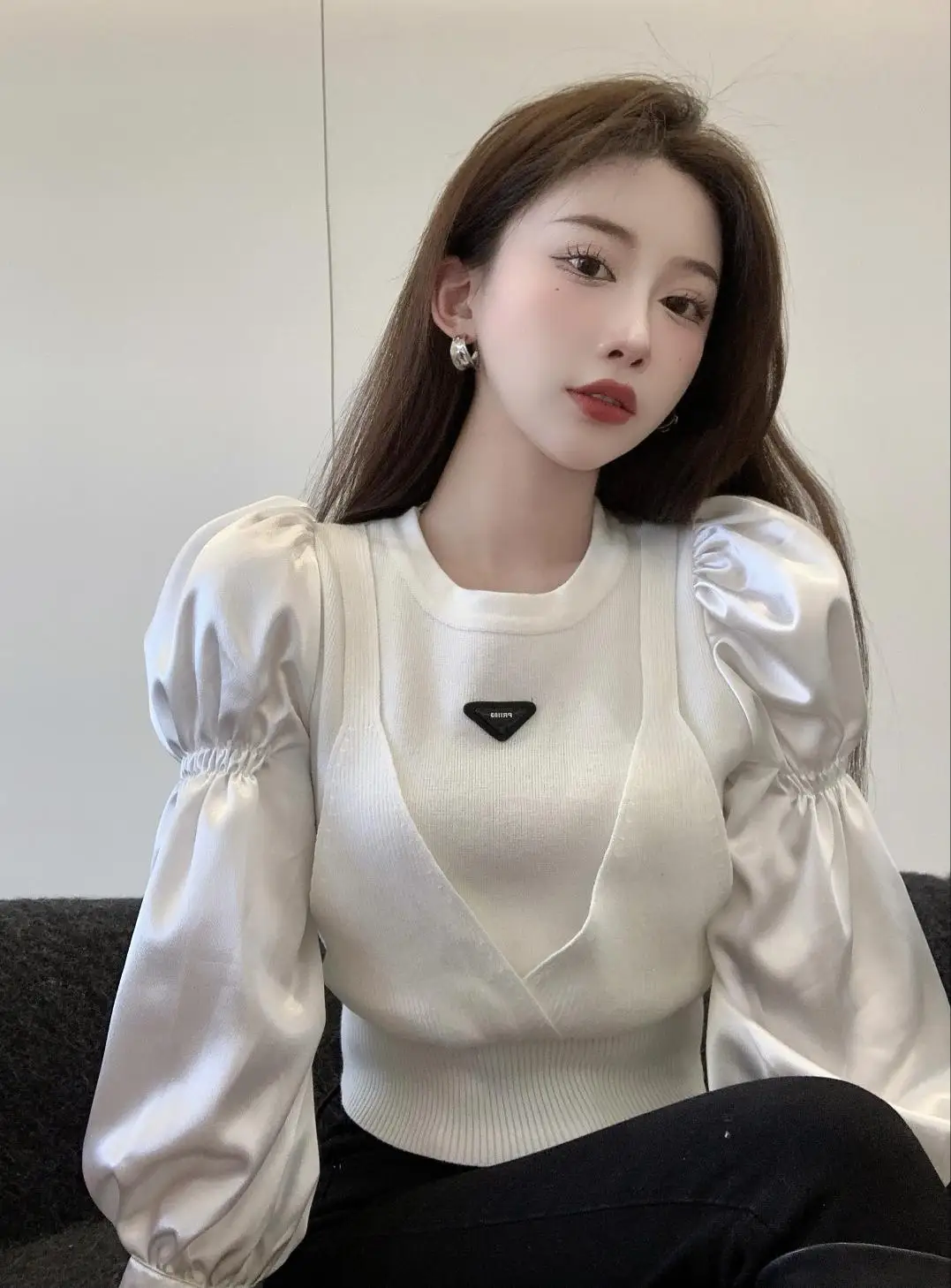 

women's jumper 2021 korean fashion Stitching fake two pieces of bubble sweater women sweetshirts Pullover designer sweater